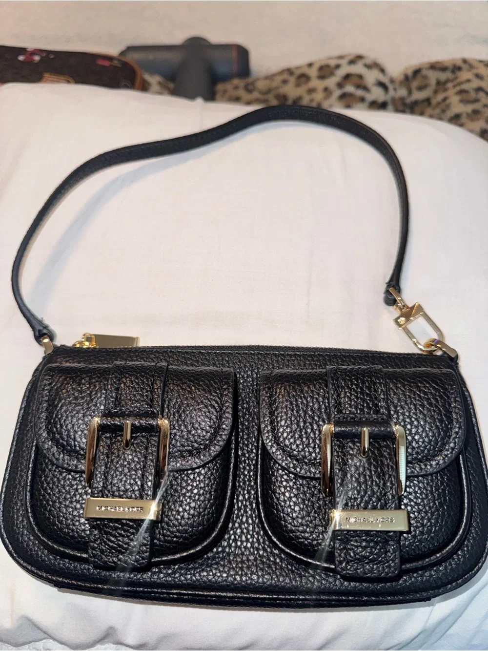 Michael Kors Zoe Black Pebbled Leather Shoulder Bag with Gold Hardware